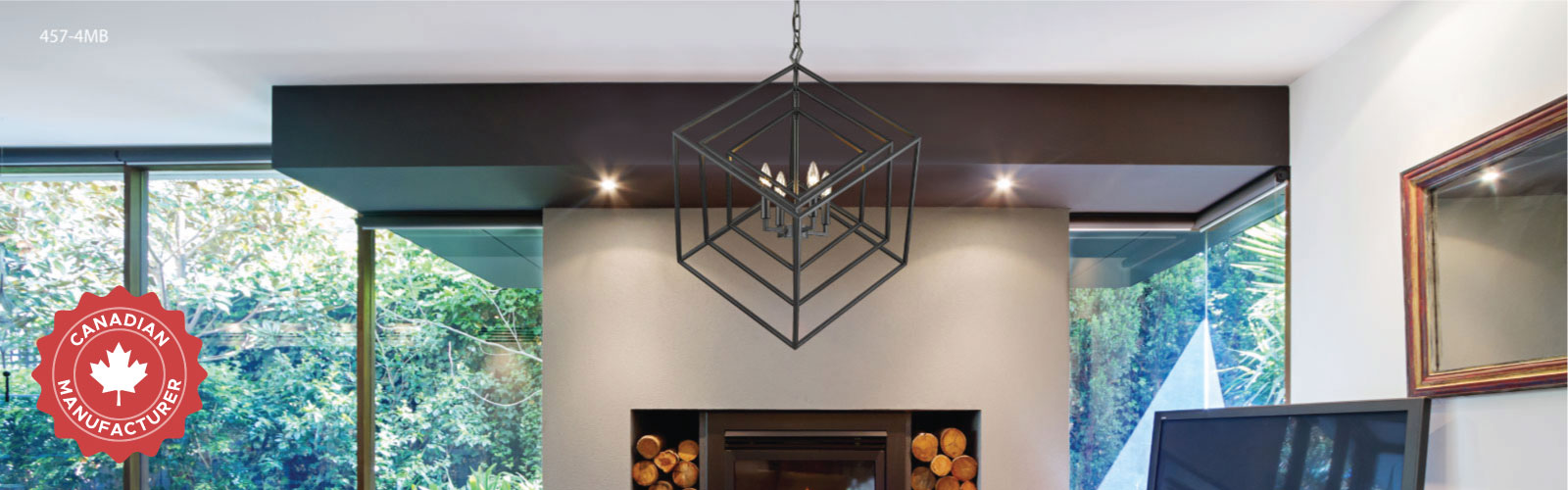 spoked Z-Lite chandelier in a modern room with white beams