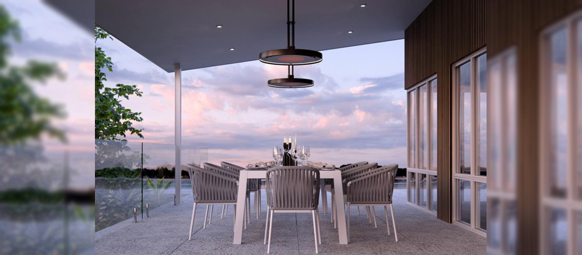 Two Heaters Hanging Over an Outdoor Dining Table 