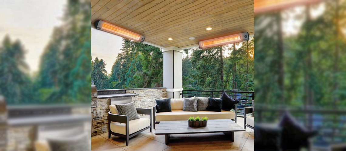 Two Electric Heaters Installed Above Outdoor Patio Furniture
